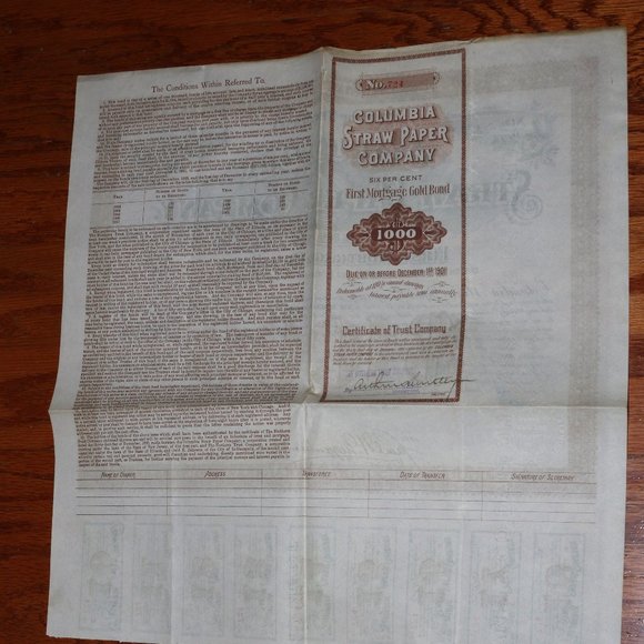 Columbia Straw Paper Company MORTGAGE GOLD BOND $1000 _ 1901 ANTIQUE - Picture 4 of 10